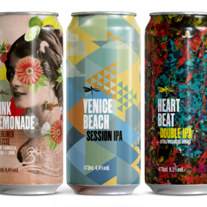 Conjunto de latinhas das cervejas Dádiva Pink Lemonade, Venice Beach e Heartbeat