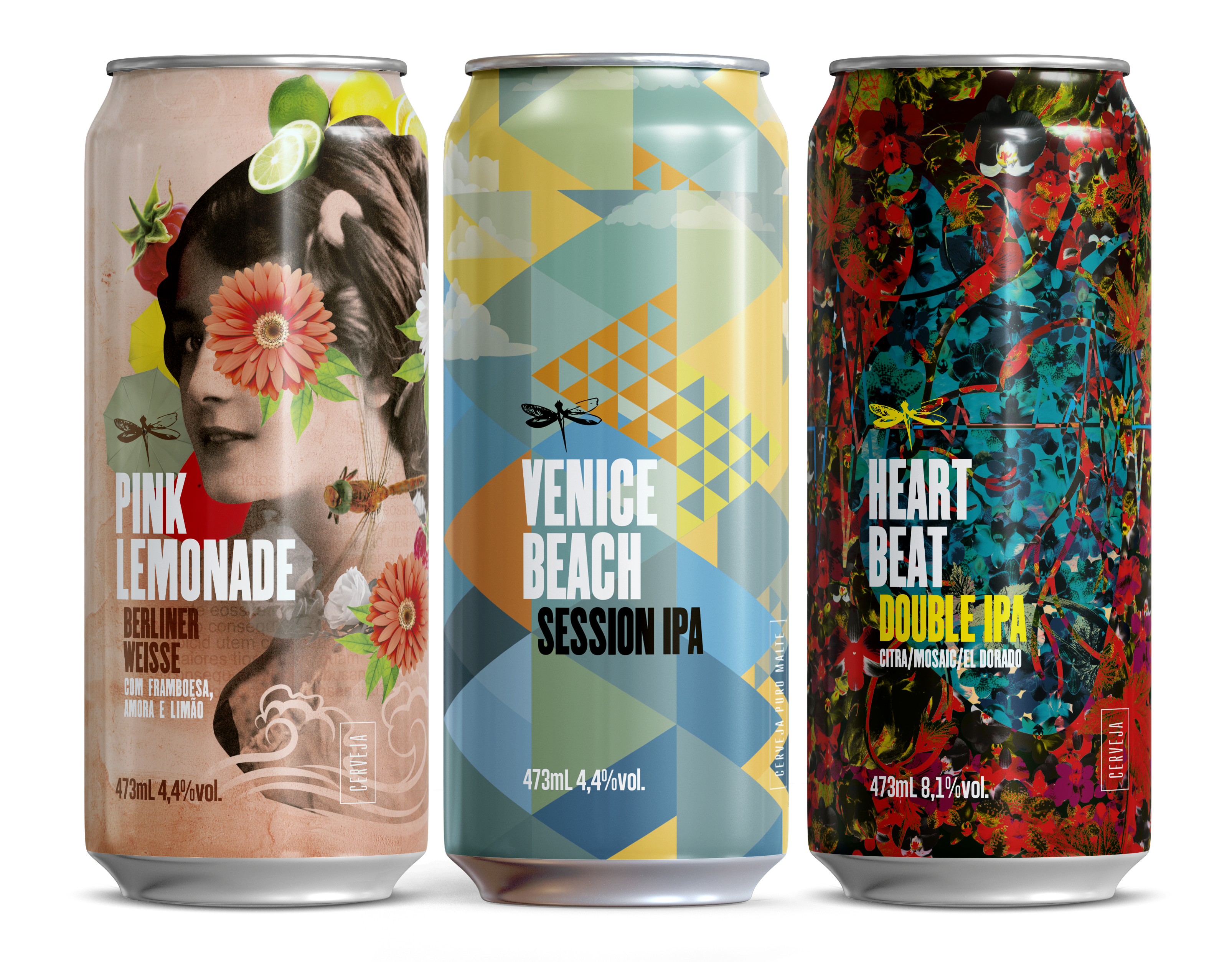 Conjunto de latinhas das cervejas Dádiva Pink Lemonade, Venice Beach e Heartbeat