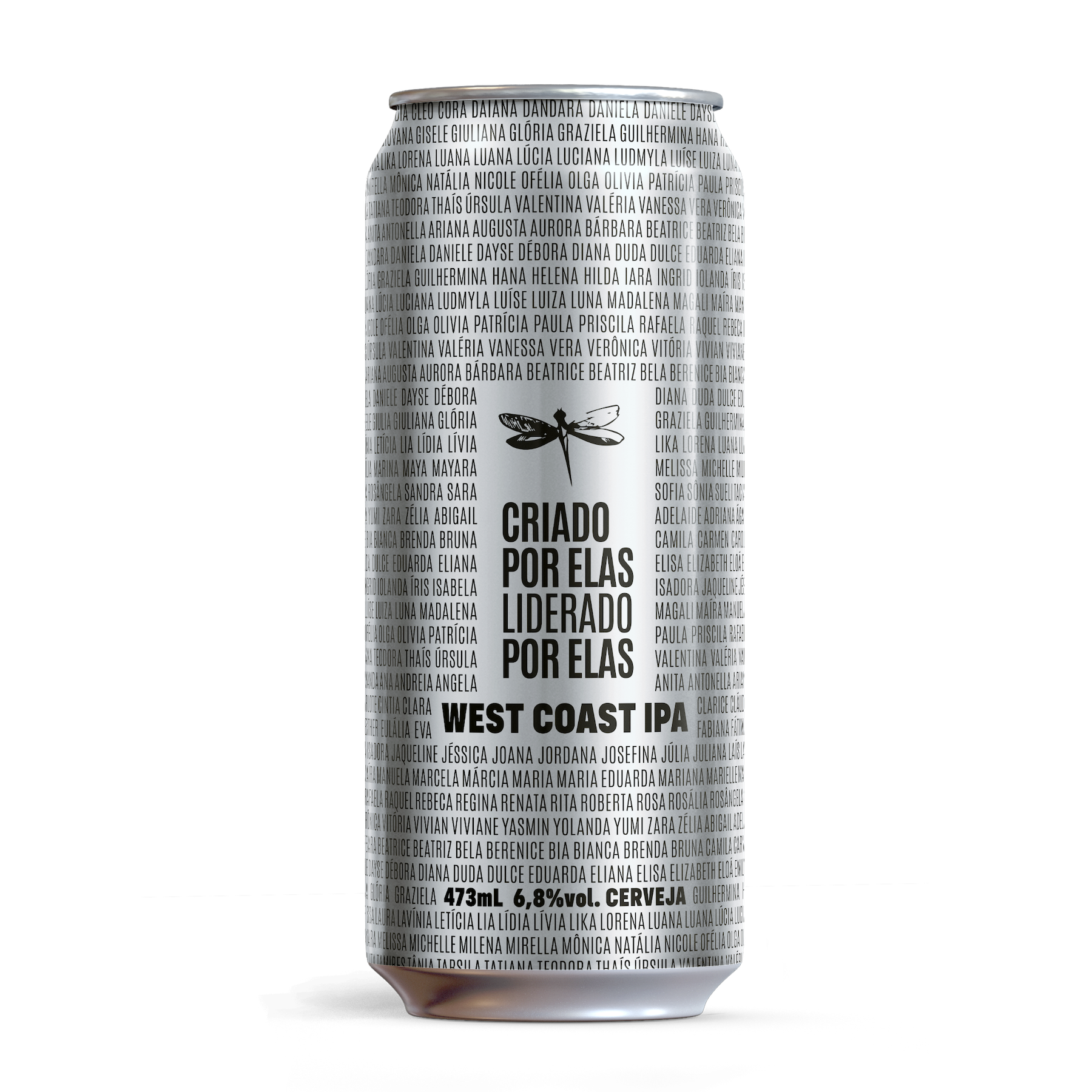 Foto da lata da cerveja Criado por Elas, da cervejaria Dádiva, mostra uma lata prateada com vários nomes escritos e um logotipo com o nome "Criado por Elas, Liderado por Elas".