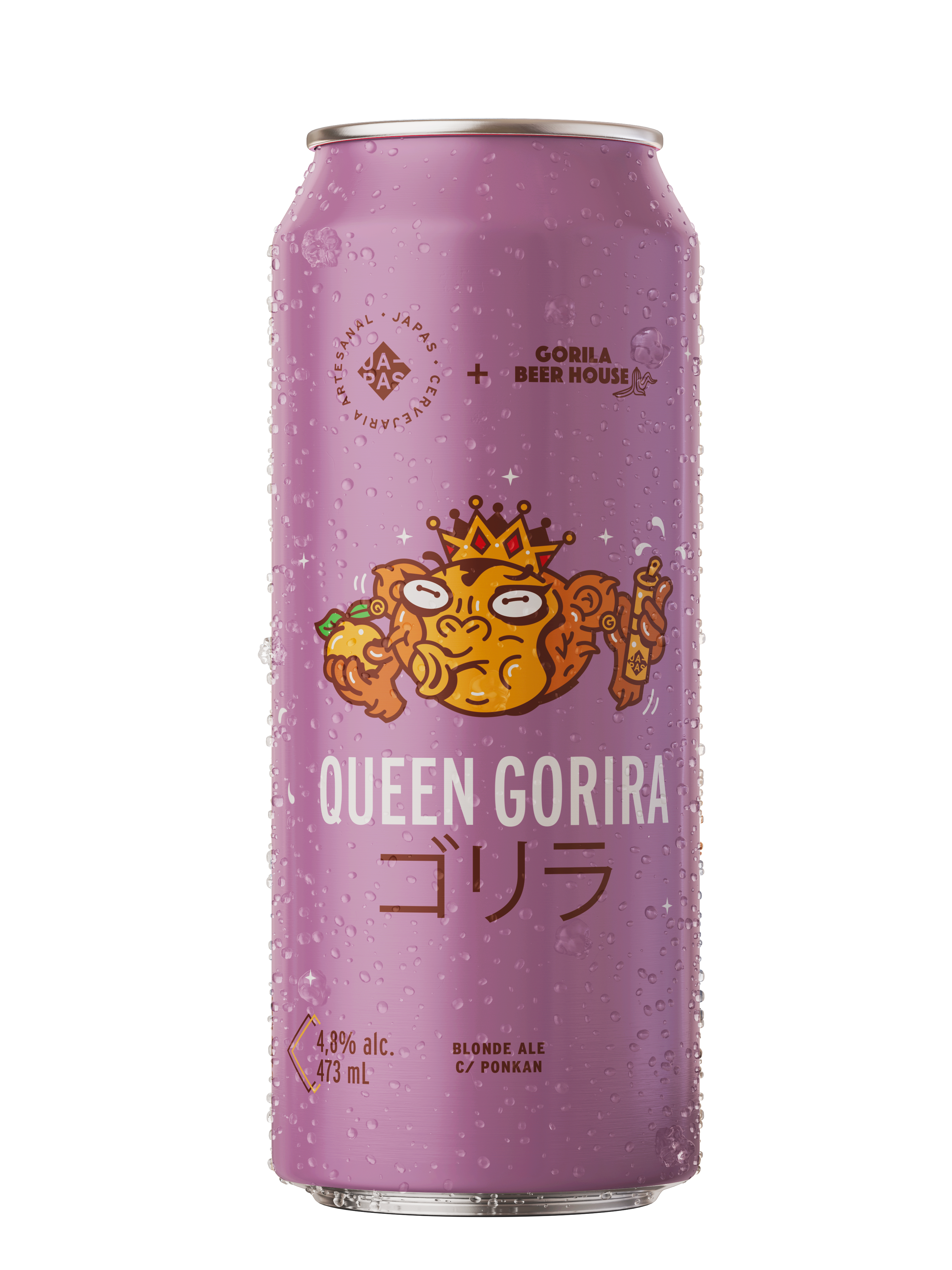 Foto da lata de 473ml da cerveja Queen Gorira, do tipo blonde ale, da cervejaria Japas